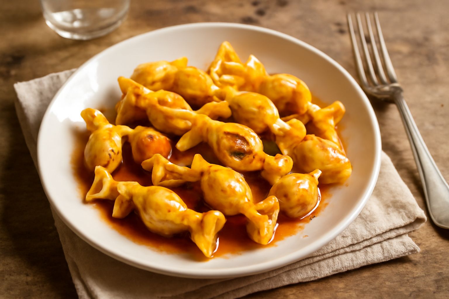 Caramelle di pasta ripiene di carne disposte su un piatto bianco, con i lati della pasta arricciati a forma di caramella, ricoperte di ragù rosso e parmigiano grattugiato