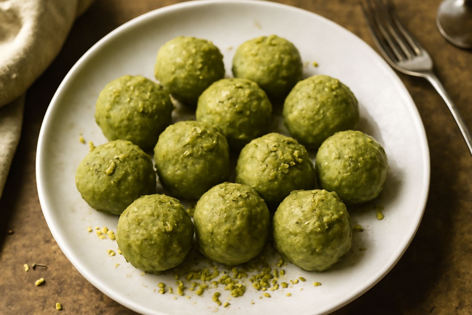 Caramelle di pistacchio color verde salvia con sfumature marroni, dalla forma rotonda irregolare, disposte su carta paglia bianca, con sfondo neutro e luce naturale