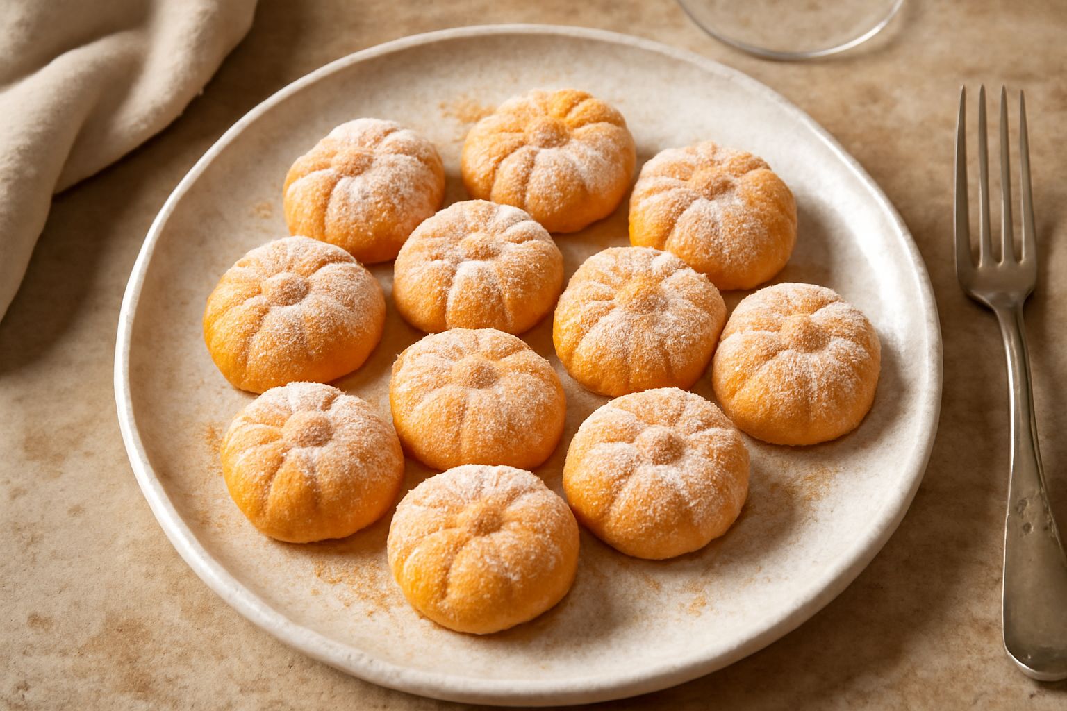 Caramelle di zucca color arancione scuro, tonde e polverose di zucchero a velo, ammucchiate in una ciotola di ceramica bianca, con spezie sparse attorno