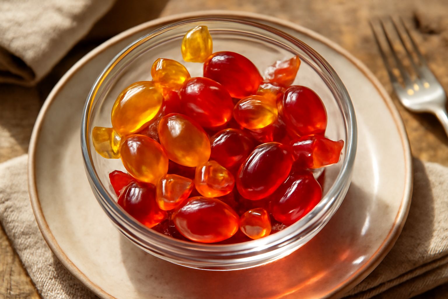 Caramelle di zucchero trasparenti e brillanti, colorate in rosso, giallo e ambra, disposte su carta bianca con riflessi luminosi sulla superficie liscia e lucida