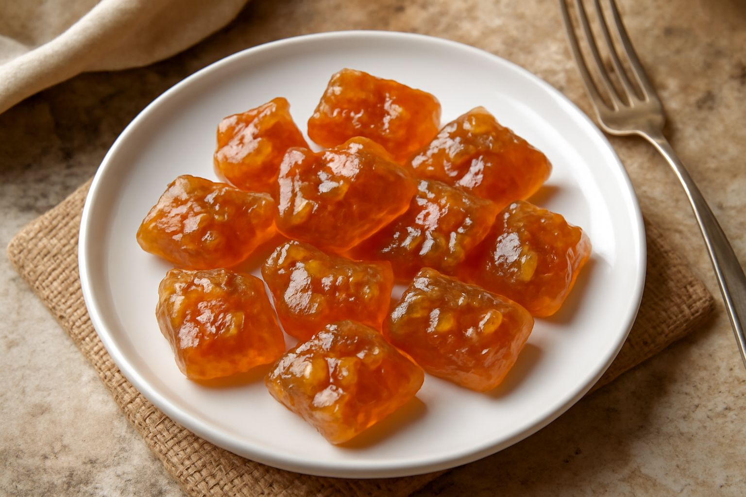 Caramelle modenesi trasparenti e ambrate con pezzetti visibili di frutta candita, sparse su una superficie di marmo bianco, alcune ancora tiepide con lievissima brillantezza di zucchero