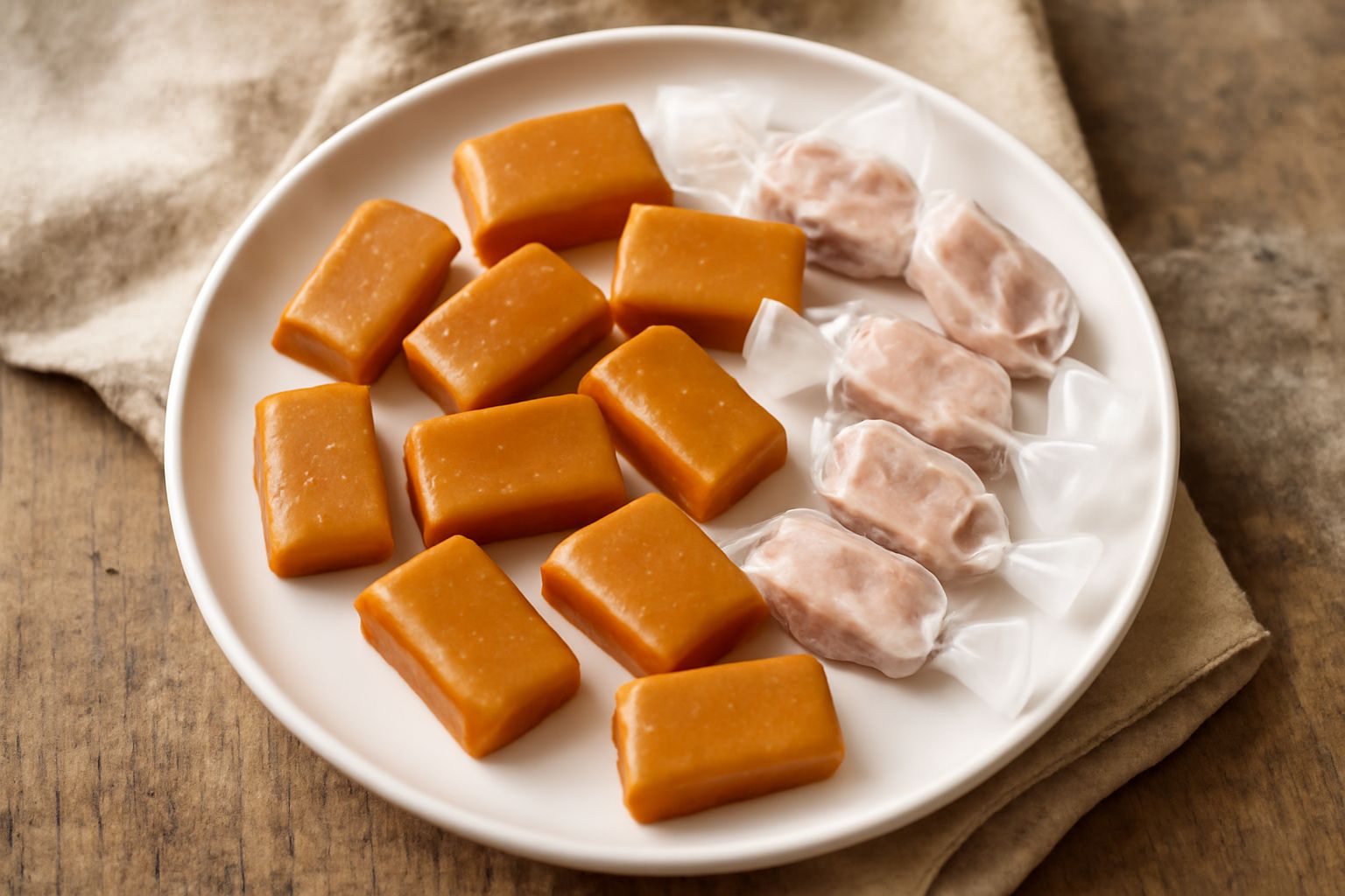 Caramelle mou rettangolari avvolte singolarmente in carta forno trasparente, colore ambrato dorato, impilate su un vassoio bianco. Alcune caramelle sono parzialmente sgusciate per mostrare la consiste