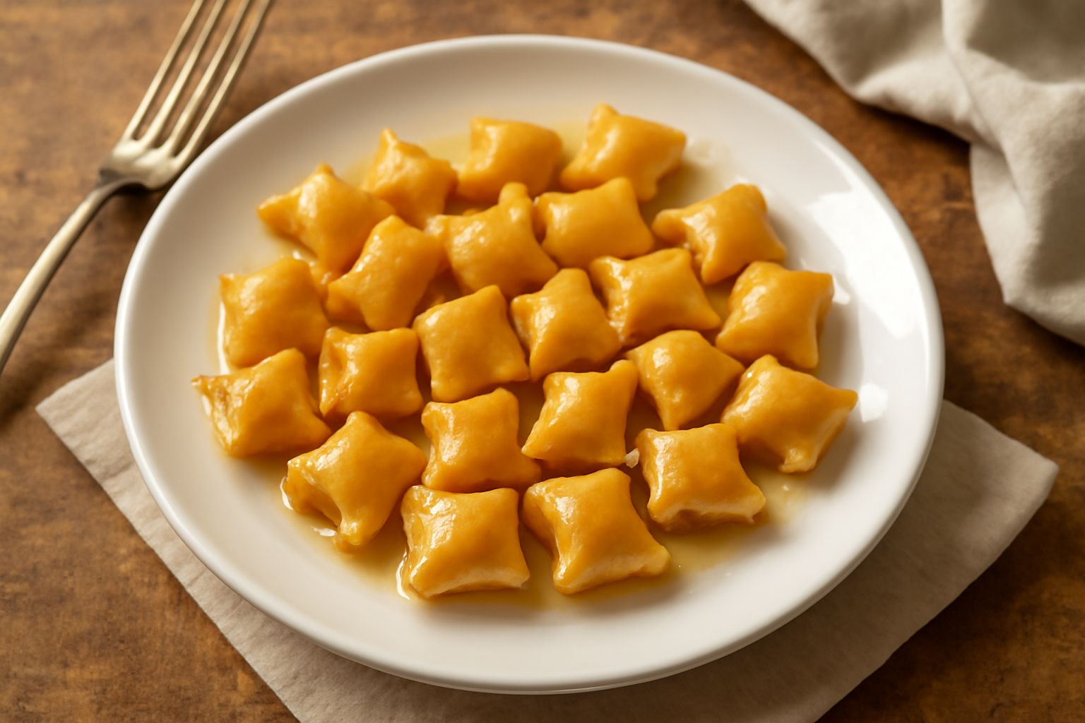Caramelle mou teramane quadrate e tonde, ambrate e dorate, parzialmente avvolte in carta traslucida, poste su una superficie di legno chiaro con una tazza di caffè sullo sfondo