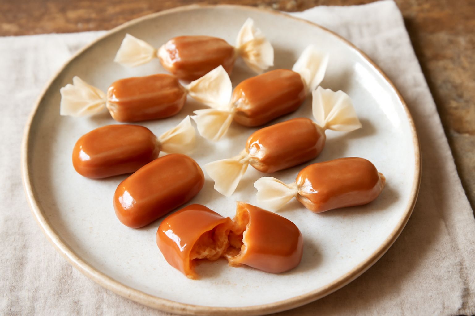 Caramelle trasparenti ambrate ripiene, alcune intere e altre tagliate a metà per mostrare il ripieno cremoso interno, disposte su carta pergamena bianca con zucchero semolato in polvere attorno
