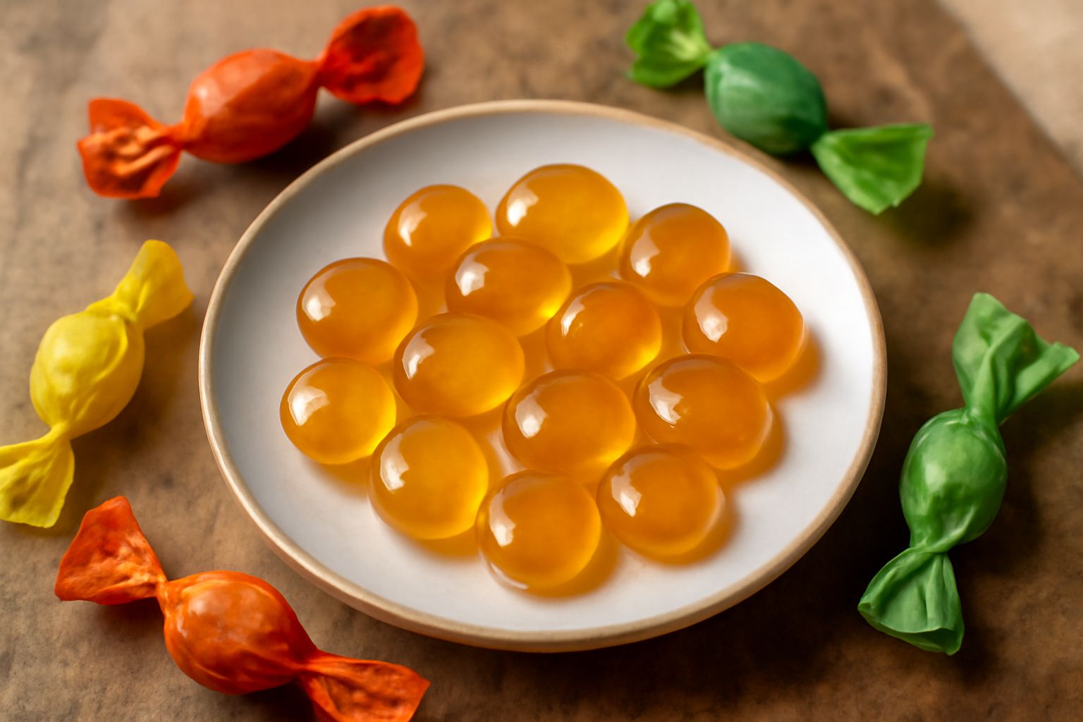Caramelle sarde trasparenti di colore ambrato, di forma ovale o tonda, disposte su un piatto bianco. Lucidiccia e cristallina la superficie, aroma visibile di spezie