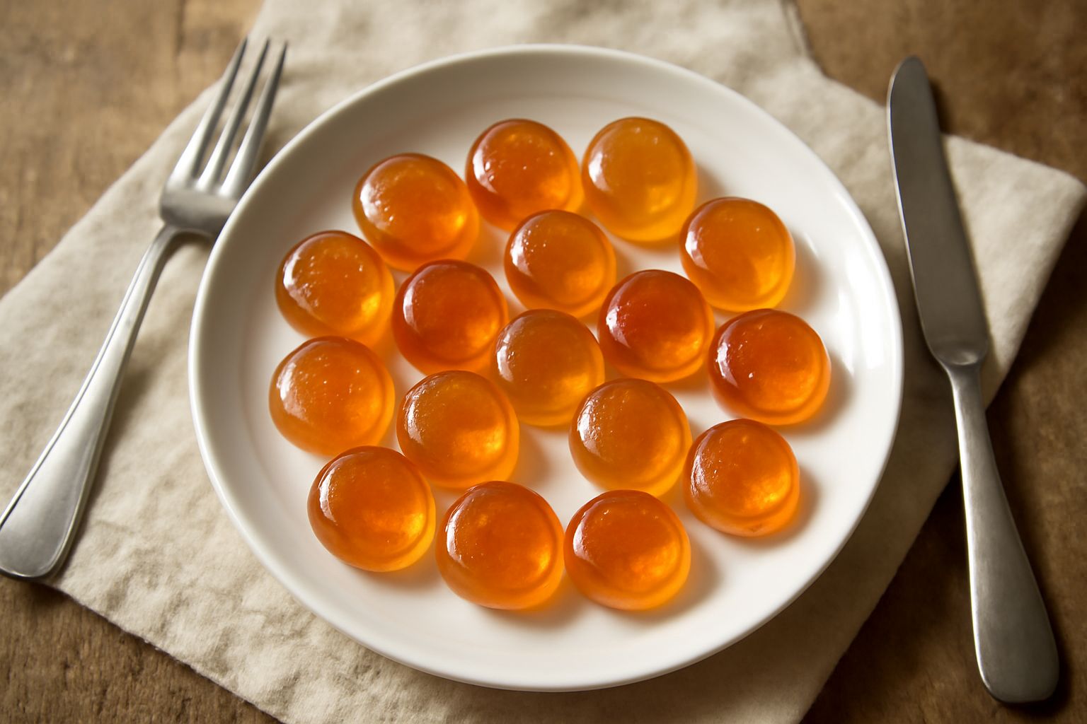 Caramelle siciliane trasparenti, color ambra dorato, di forma tonda e leggermente bombate, disposte su carta da forno bianca. Alcune riflettono la luce. Accanto, mezzo limone fresco e zucchero cristal