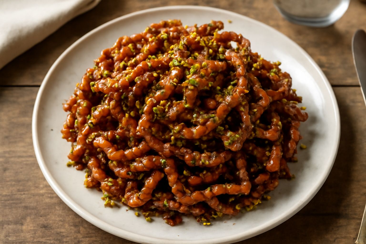 Carapìgna dorata e croccante ricoperta di caramello scuro lucido, decorata con granella di pistacchio verde, disposta su un piatto bianco con sfondo naturale