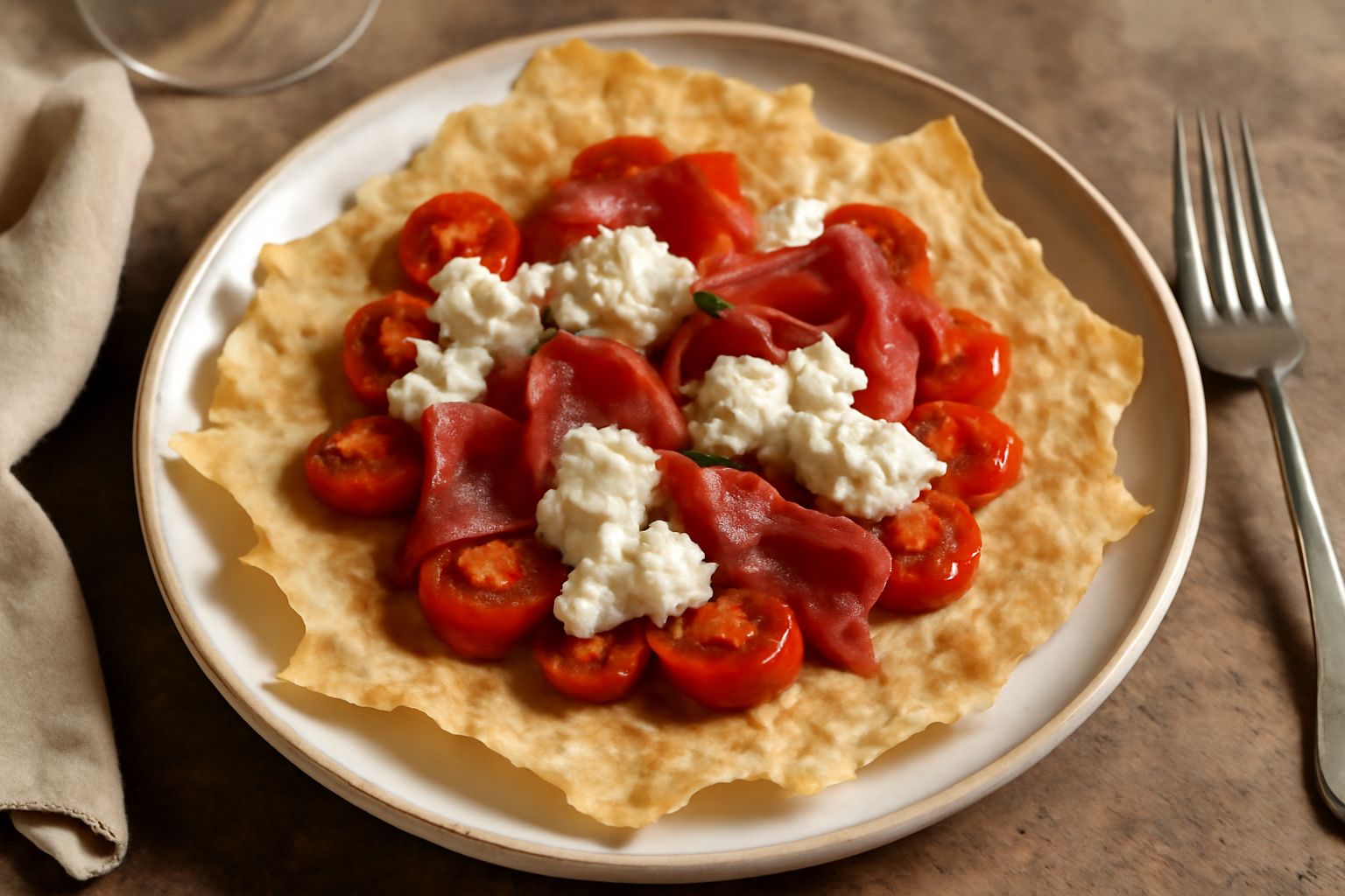 Foglie di pane carasau calabrese dorate e croccanti impilate su un piatto bianco, con una texture ruvida visibile e spessore sottile di mezzo centimetro