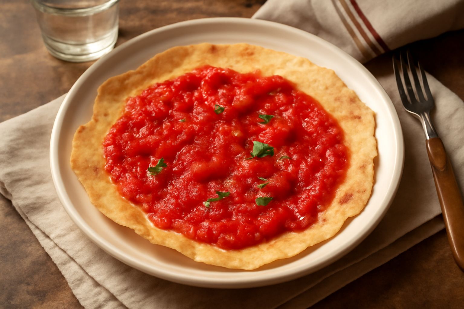 Pane carasau croccante e dorato ricoperto di pomodoro rosso fresco, olio d'oliva e origano, servito in un piatto bianco su tavolo di legno naturale