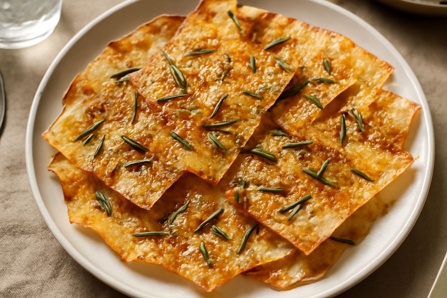 Fogli di pane carasau croccanti e dorati, conditi con olio lucido, grani di sale marino e aghi di rosmarino fresco, impilati su un piatto bianco