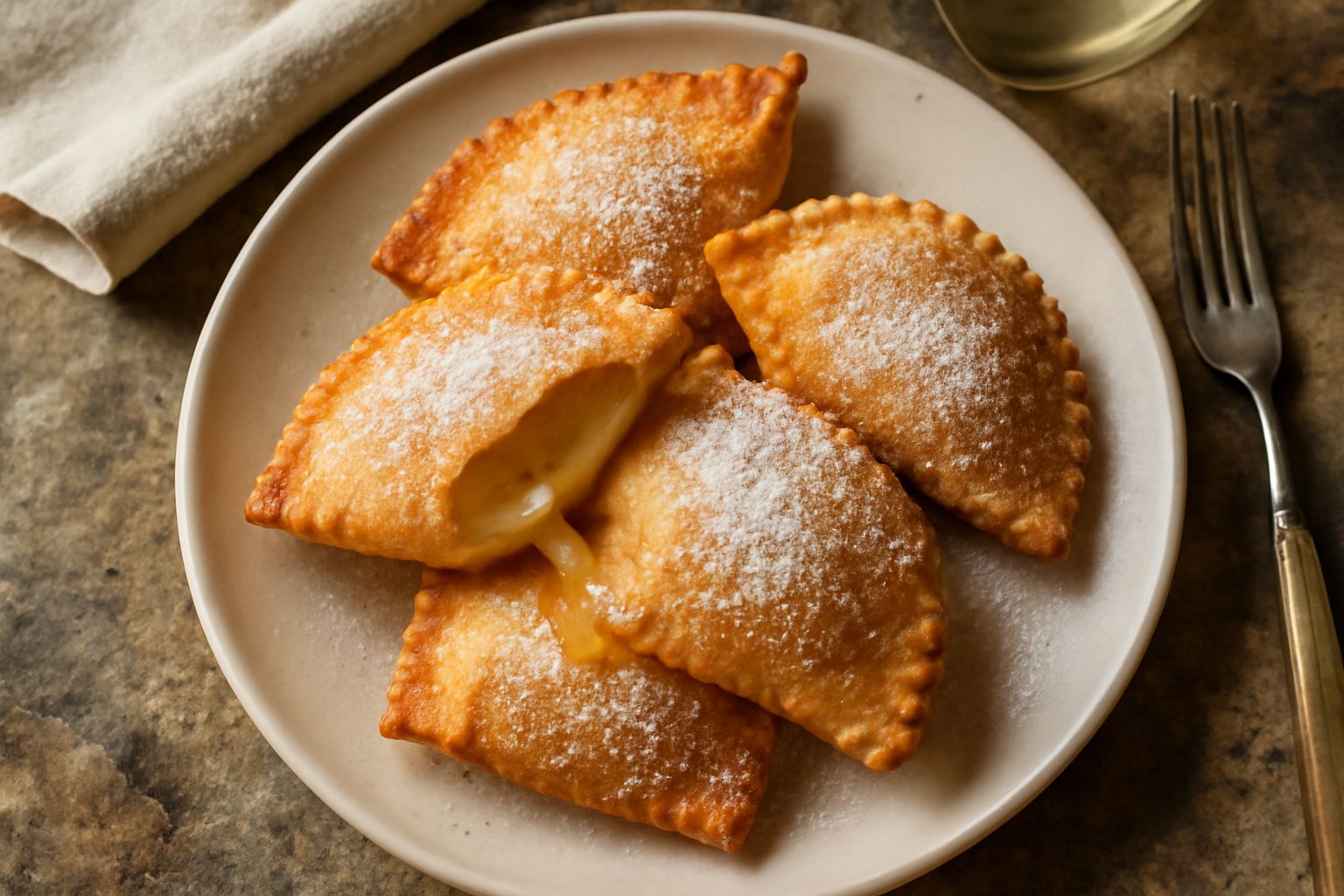 Carasones fritti di colore dorato, spolverati di zucchero a velo, disposti su un piatto bianco con una ciotola di miele ai lati e uno sfondo di legno scuro