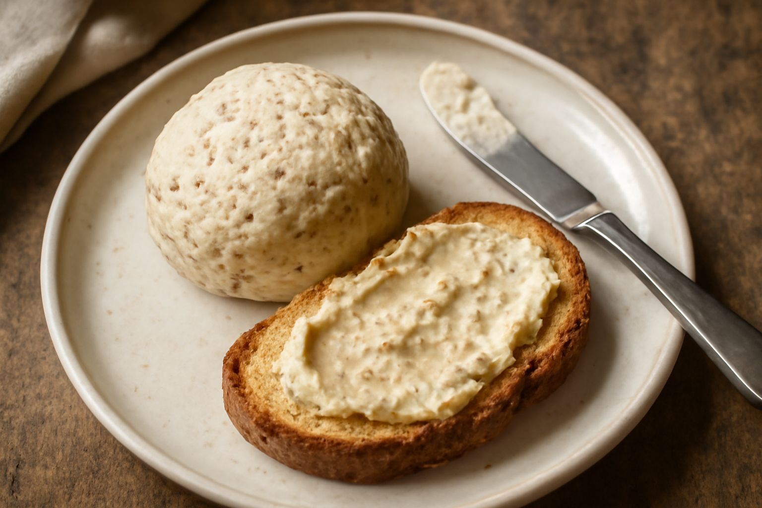 Burro di semi di cumino color crema con venature scure in una ciotola di ceramica, con alcuni semi sparsi accanto e fette di pane integrale di sfondo