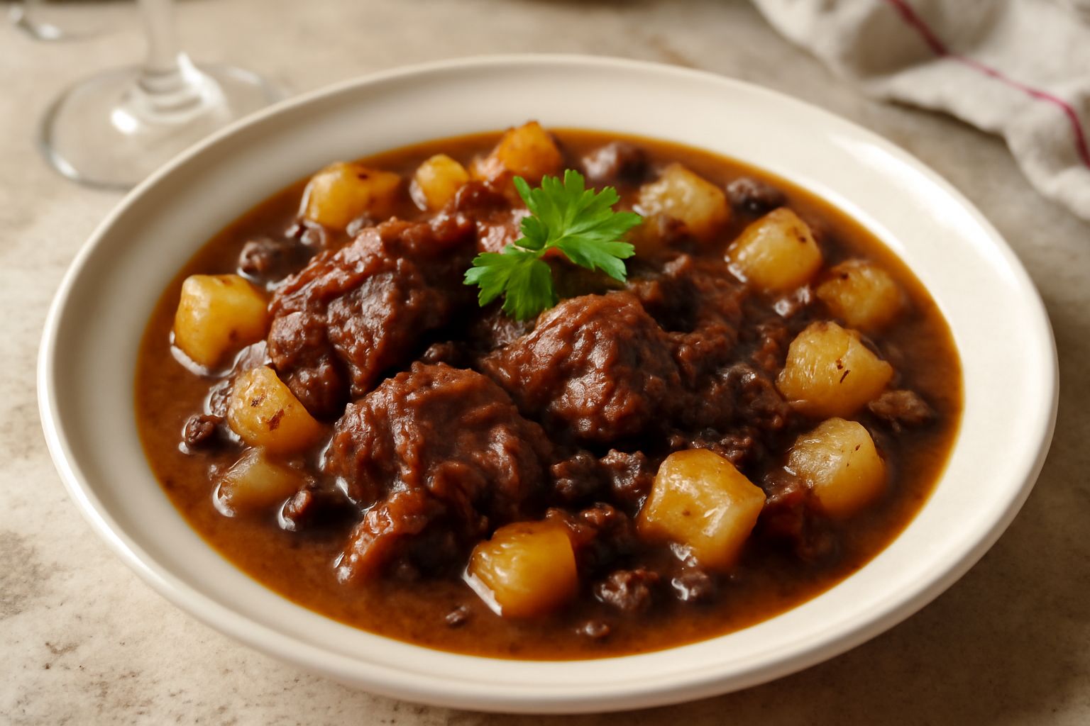 Piatto fondo di ceramica bianca con stufato di manzo scuro e tenero, uvetta visibile nei brani di carne, salsa densa color marrone, accompagnato da patate bollite dorate e contorno di verdure verdi