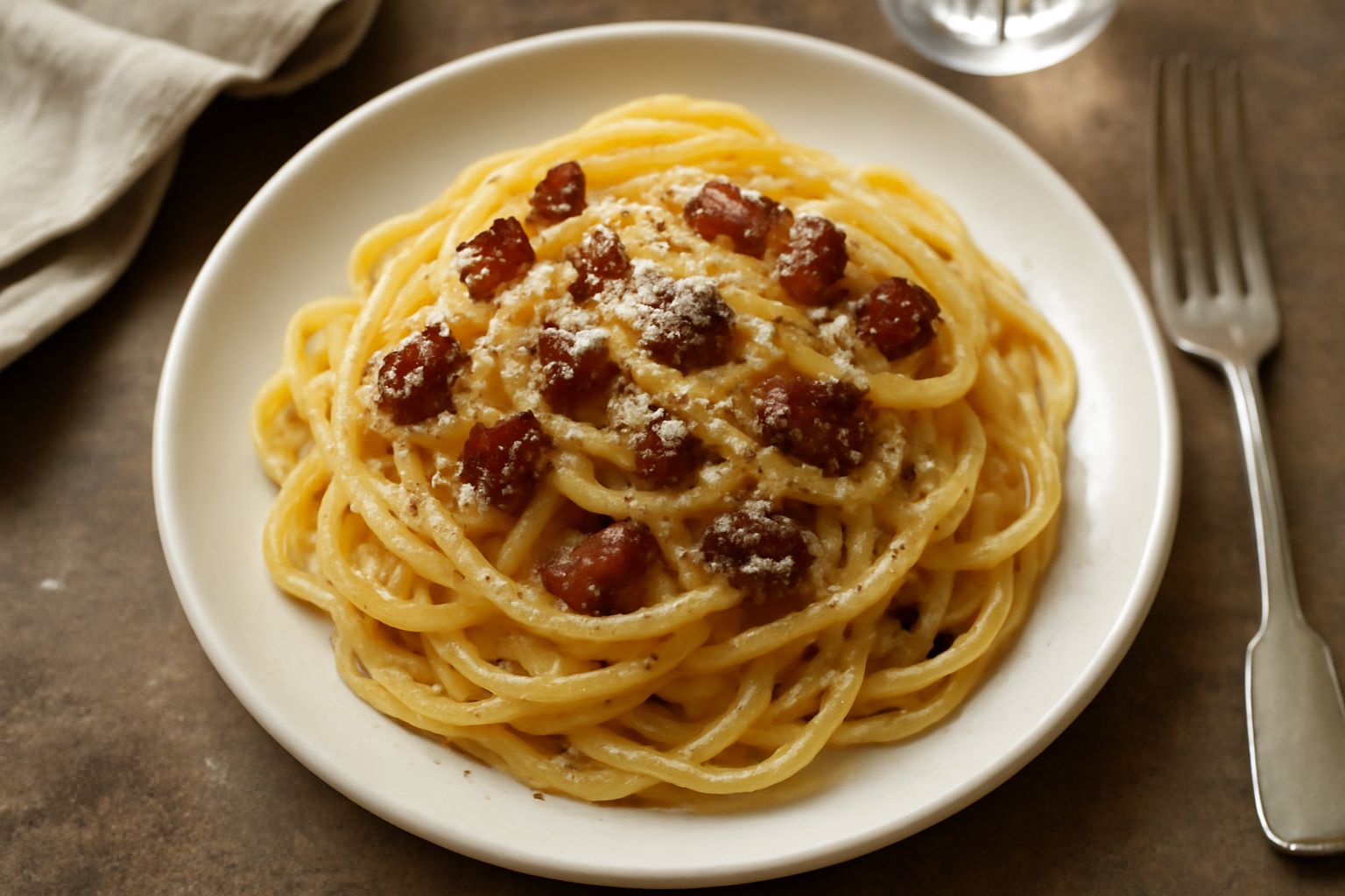 Piatto di spaghetti carbonara con salsa cremosa gialla, cubetti di guanciale dorato, grani di pepe nero visibili sulla superficie, servito in un piatto bianco