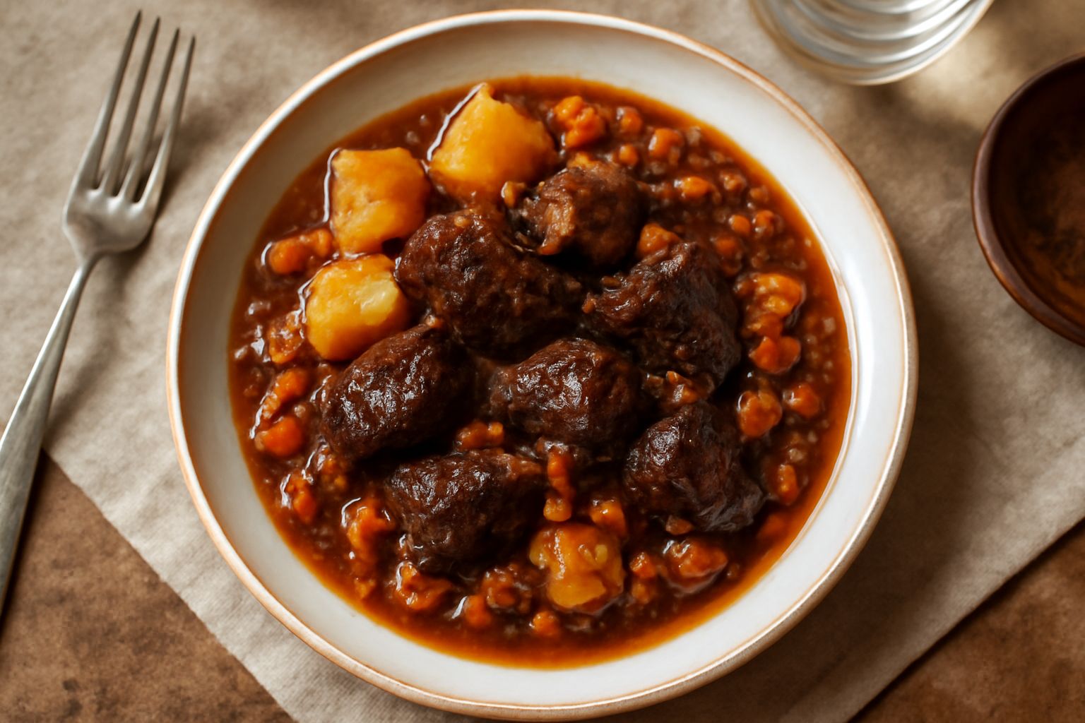 Carbonata alla maceratese servita in piatto fondo bianco: carne scura e tenera, verdure caramellate, brodo ristretto di colore marrone, guarnizione di prezzemolo fresco