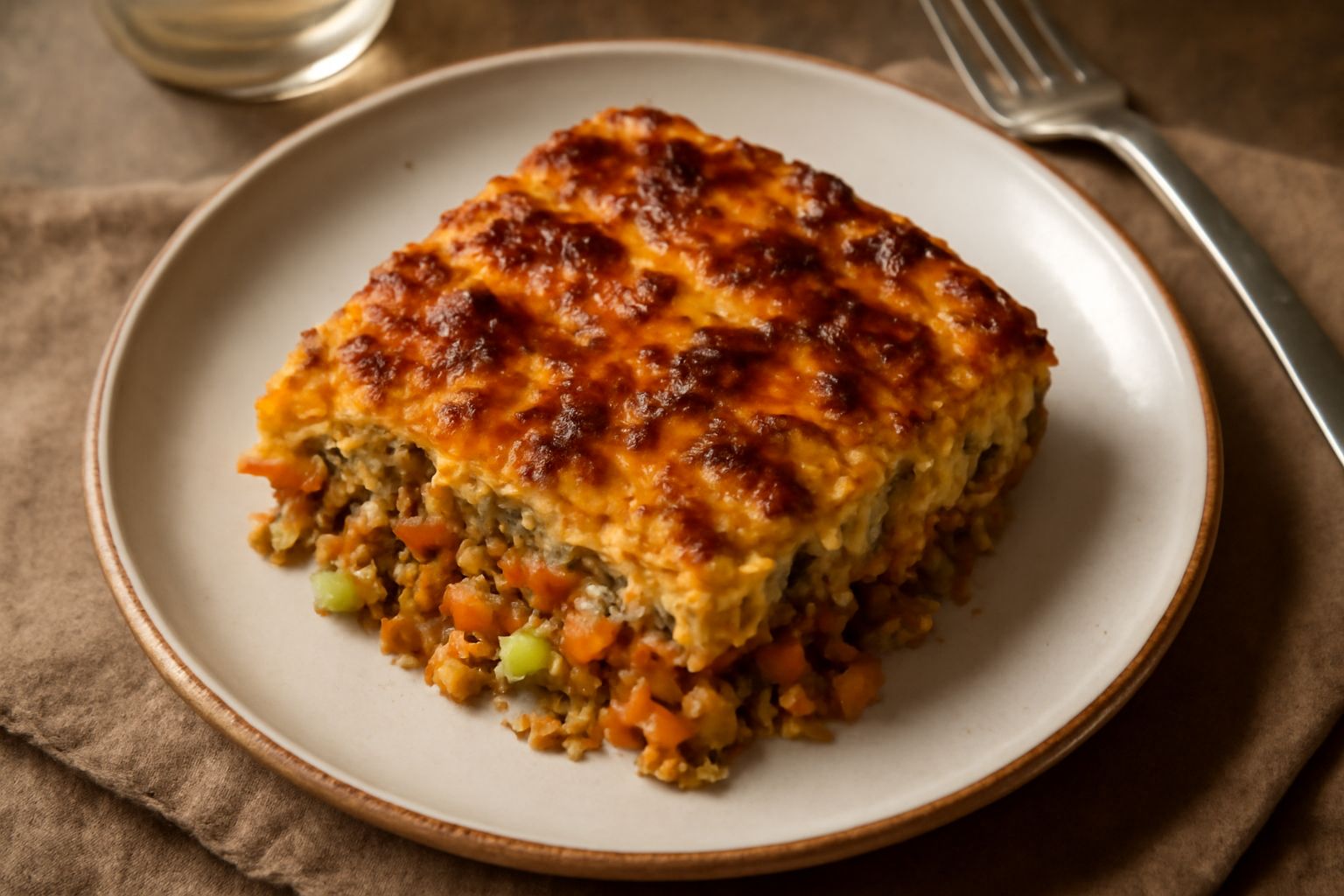 Un piatto di carbonata alla viterbese con superficie dorata e croccante, verdure miste visibili tra gli strati, uova cotte che legano gli ingredienti, servito in un piatto bianco con contorno di pane 