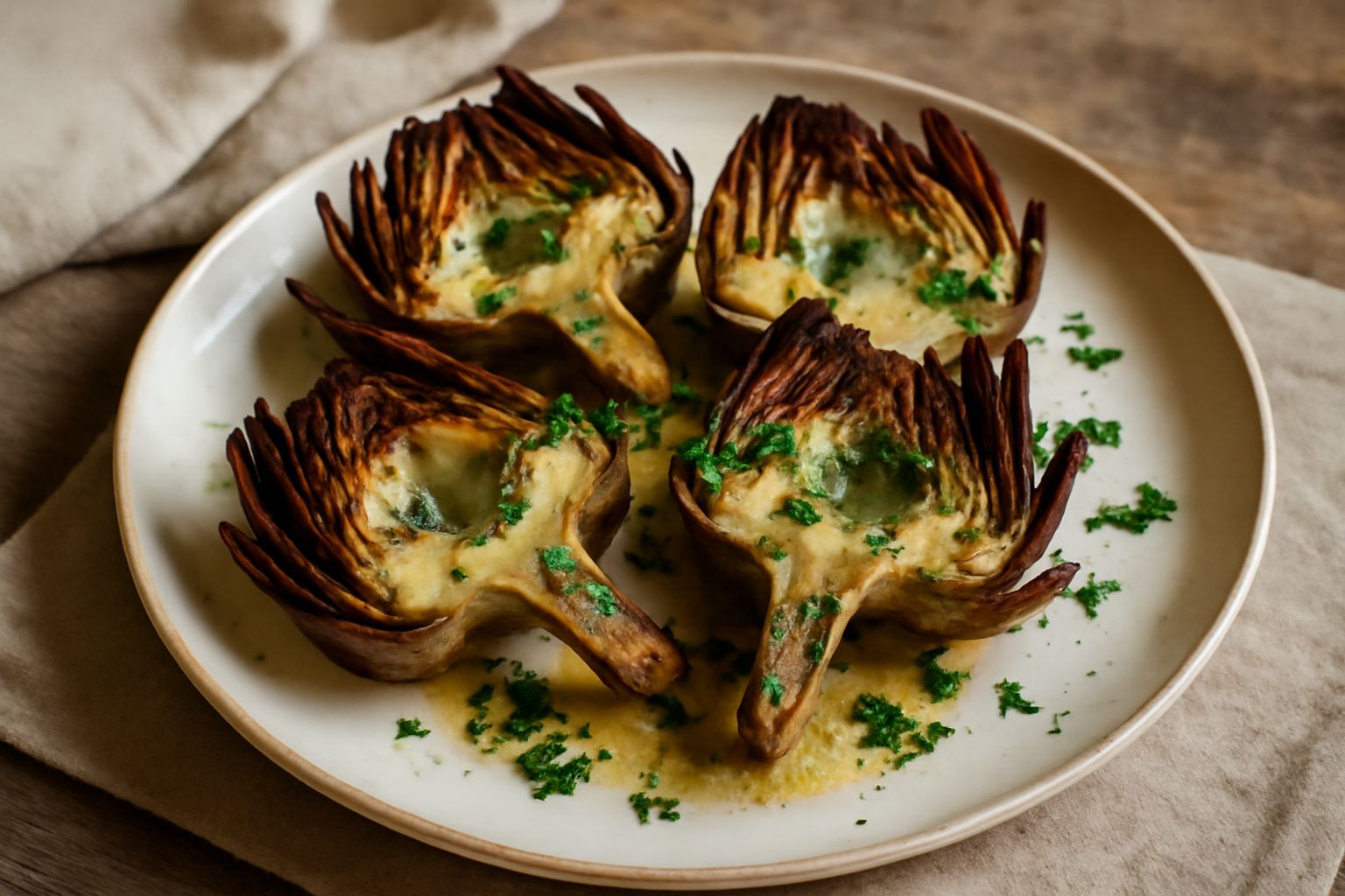 Carciofi interi spezzati a metà, disposti in teglia con punte rivolte verso l'alto, dorate e croccanti, cosparsi di prezzemolo verde e gocce d'olio d'oliva lucido