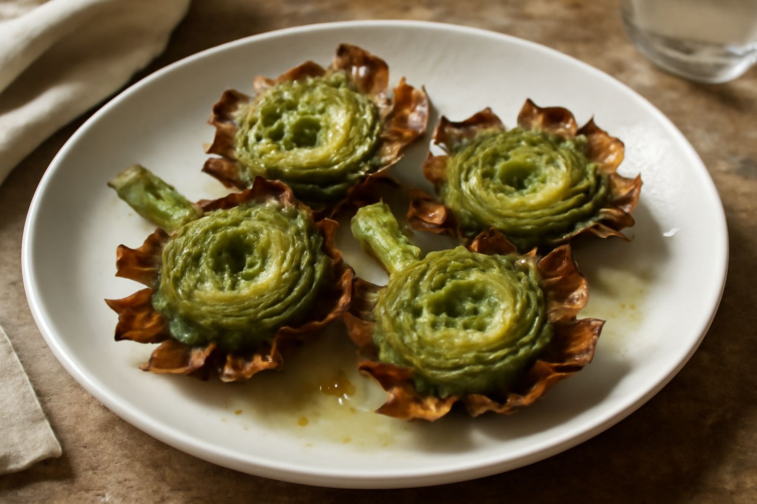Carciofi interi dorati e croccanti su un piatto bianco, con spicchi di limone e prezzemolo fresco, presentati dalla parte aperta verso l'alto, ancora fumanti