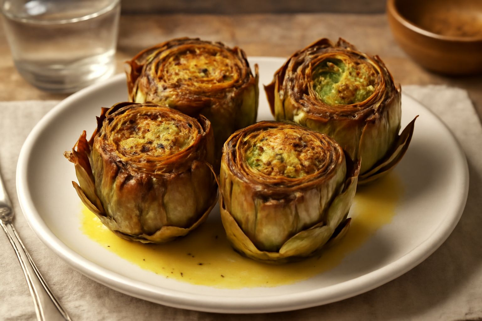 Carciofi alla foggiana ripieni disposti in padella, dorati e lucidi di olio, con le foglie esterne croccanti e il ripieno di pane visibile tra le scaglie, su fondo scuro di cucina.