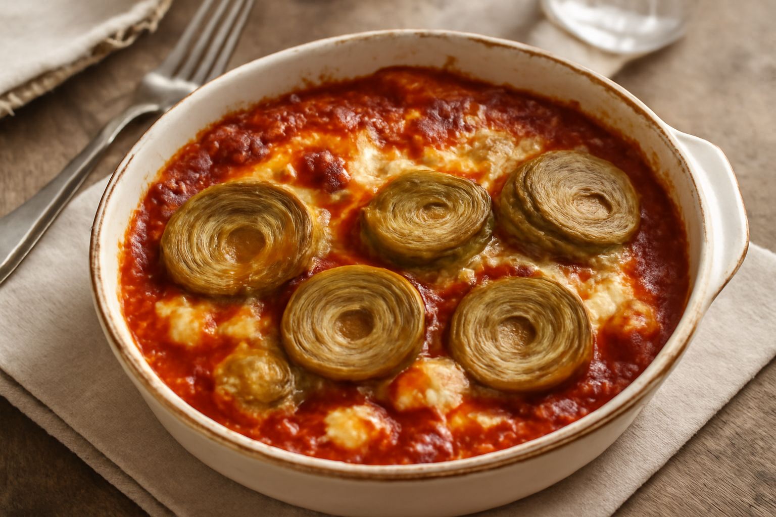 Carciofi alla parmigiana appena sfornati in pirofila rettangolare, con superficie dorata e croccante dal formaggio grattugiato, dentro visibili gli anelli di carciofo morbidi, contorno di salsa di pom