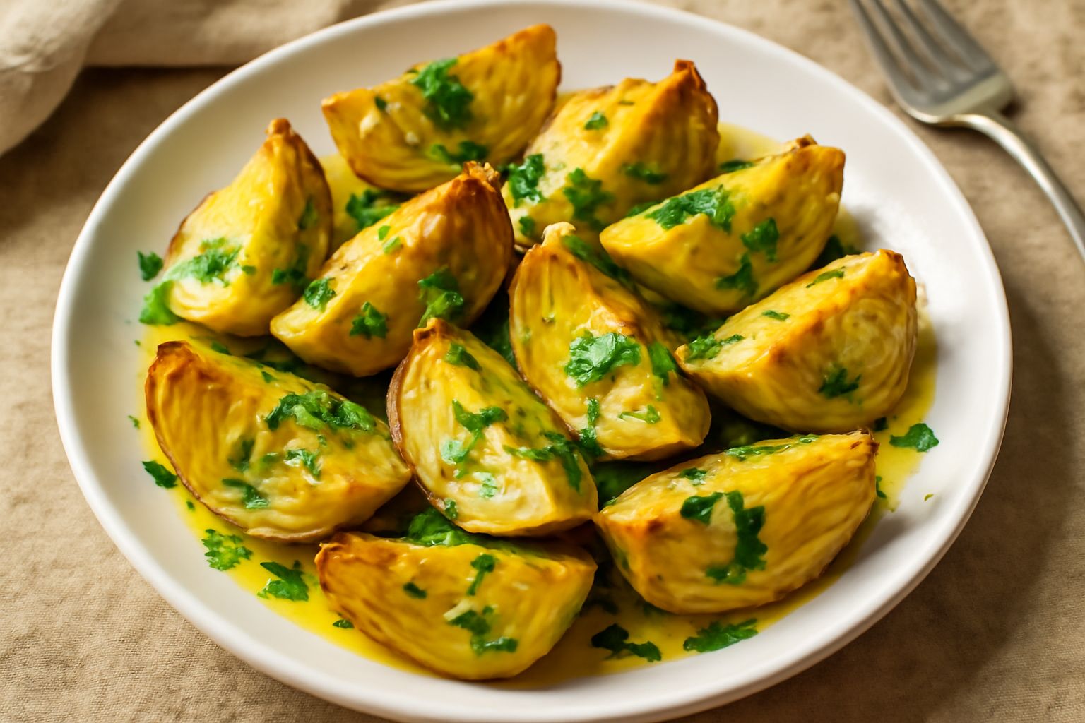 Carciofi spicchiati dorati in padella, ricoperti di prezzemolo fresco verde, aglio leggermente colorito, in un piatto bianco con olio che brilla sotto la luce