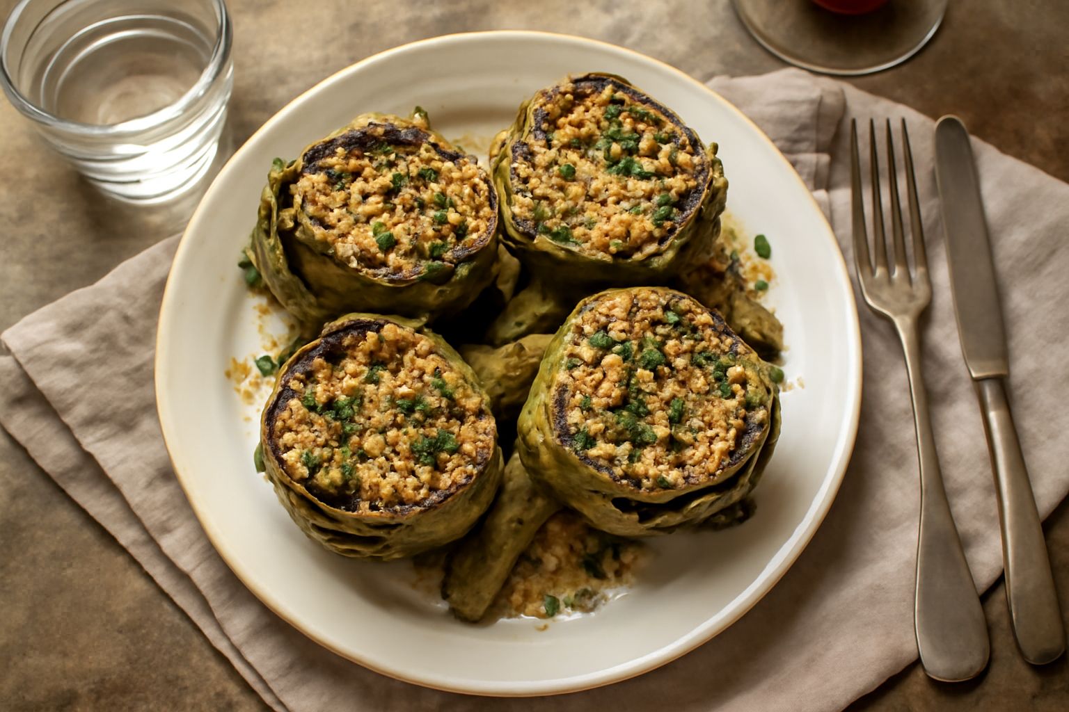 Piatto bianco con carciofi alla piemontese affettati finemente, verdognoli e bianchi, cosparsi di prezzemolo verde brillante e scaglie d'aglio, con gocce di condimento oleoso visibile