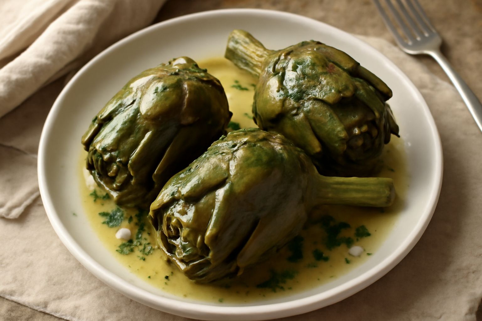 Carciofi interi cotti in pentola di terracotta, dorati e morbidi, con aglio e prezzemolo verde, serviti in una ciotola di ceramica rustica con un filo d'olio d'oliva lucente
