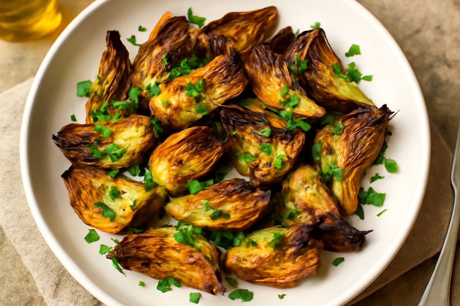 Carciofi alla poverella dorati e croccanti nel piatto bianco, cosparsi di prezzemolo fresco verde, con spicchi visibili e olio lucido in evidenza