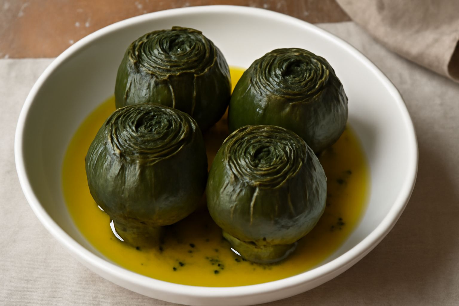 Carciofi interi cotti in una pentola di terracotta, verdi brillanti, con aglio e prezzemolo fresco visibile tra gli strati, olio lucido sulla superficie