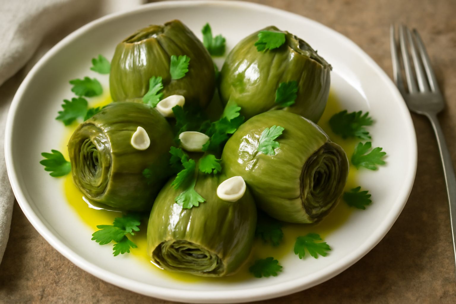 Carciofi interi cotti color verde scuro disposti in piatto bianco, ricoperti di olio dorato, con fette d'aglio e foglie di prezzemolo fresco in cima, contorno di limone affettato