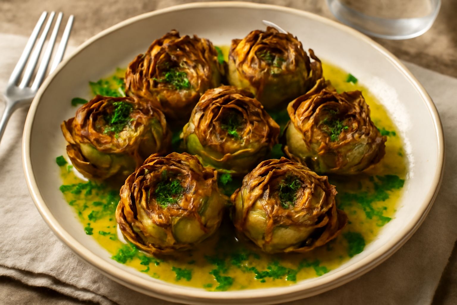 Carciofi soffritti in padella, di colore dorato e marrone scuro, teneri all'interno e con bordi leggermente croccanti, sparsi di prezzemolo verde fresco, serviti in piatto bianco con fondo di olio