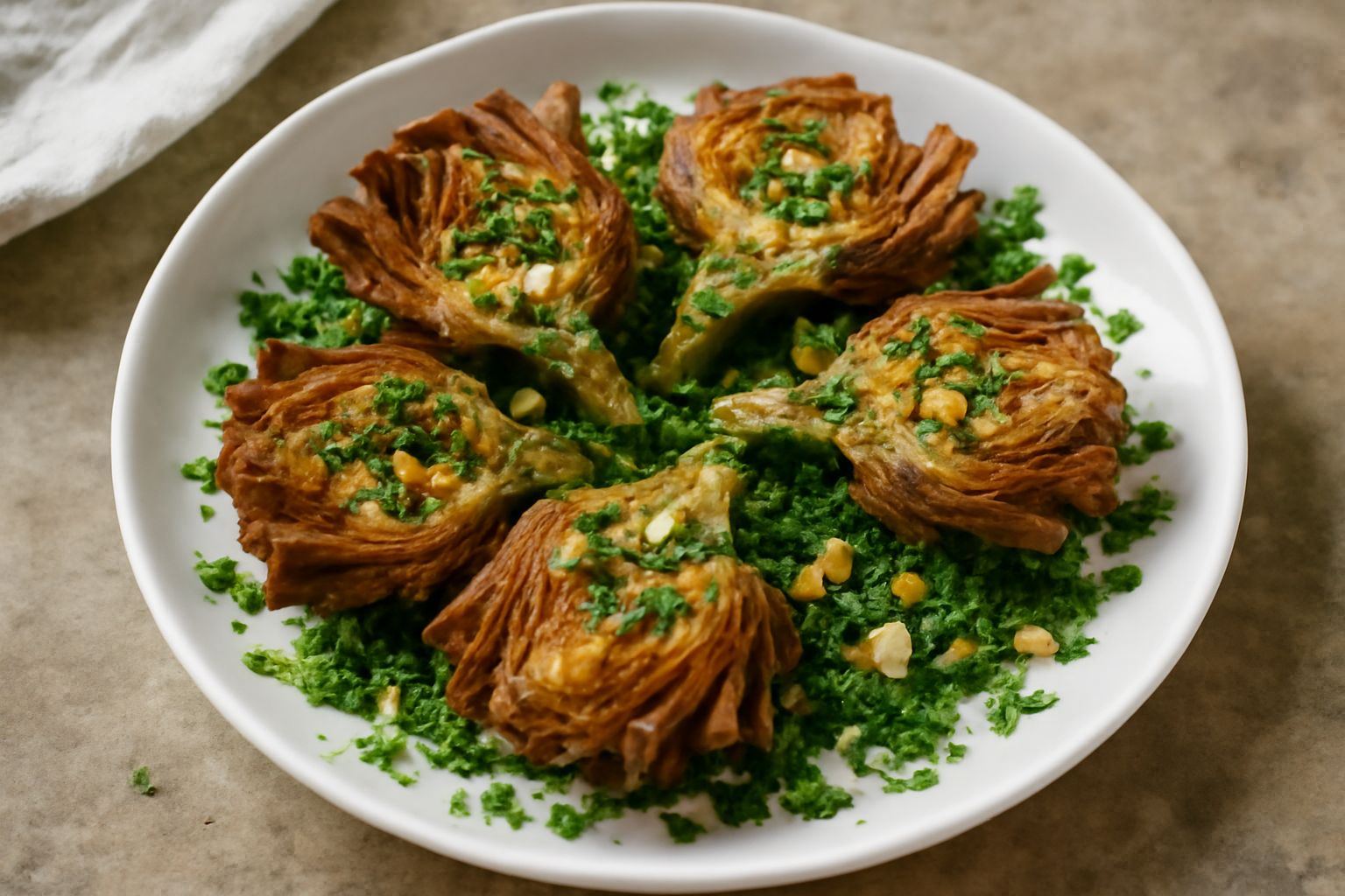 Carciofi fritti disposti su un piatto bianco, dorati e croccanti in superficie, con pangrattato color nocciola, aglio e prezzemolo fresco verde sparso sopra e ai lati