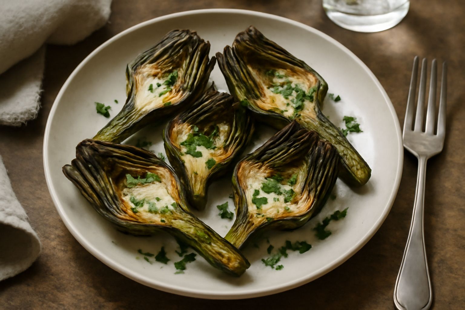 Carciofi tagliati a metà, dorati e croccanti in padella, guarniti con prezzemolo verde brillante e gocce di olio d'oliva, con spicchi di aglio visibili tra i pezzi