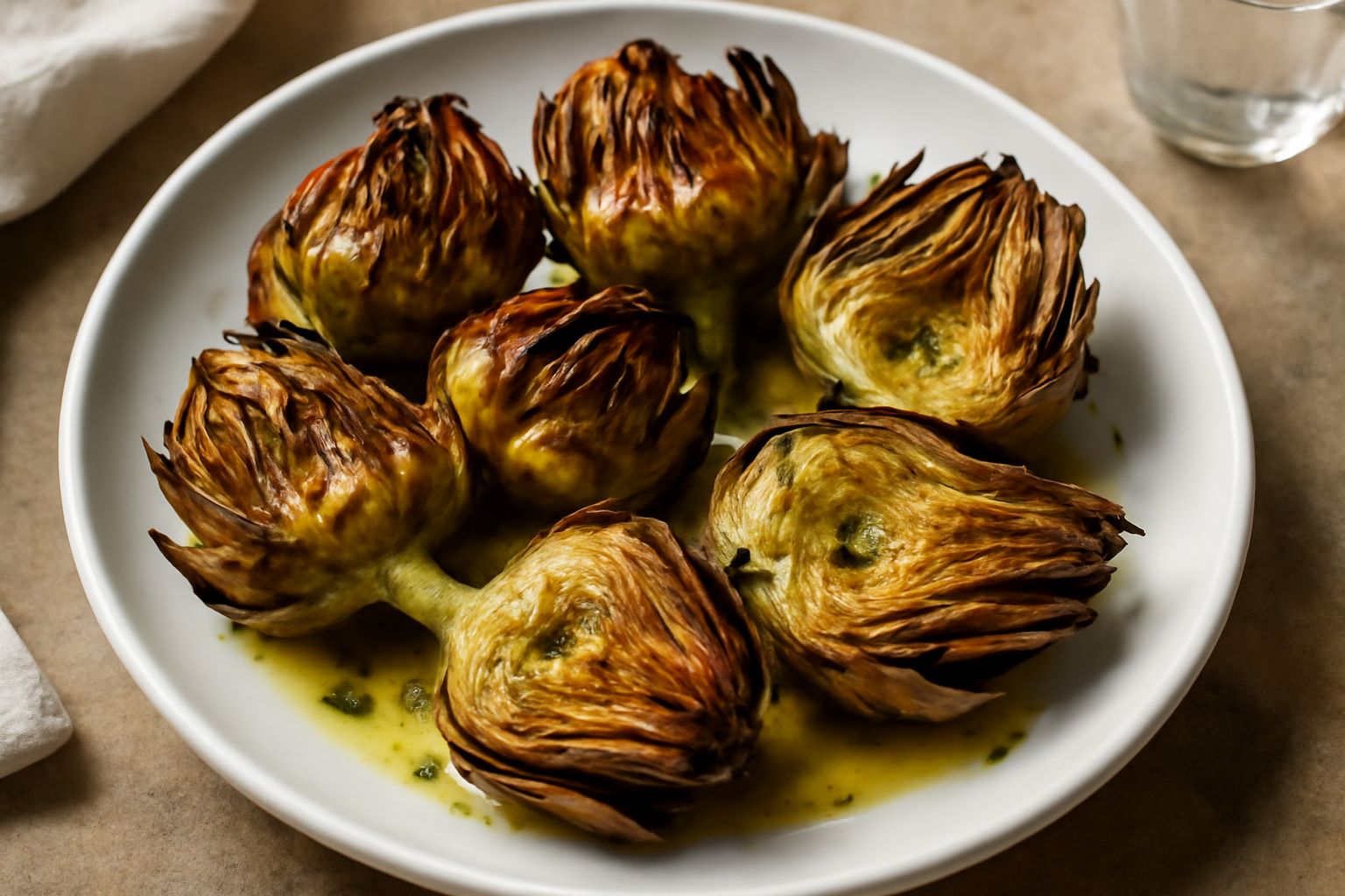 Carciofi interi tagliati a metà disposti su una teglia antiaderente, doratura dorata, foglie croccanti esterne, cuore tenero visibile, conditi con olio e erbe aromatiche