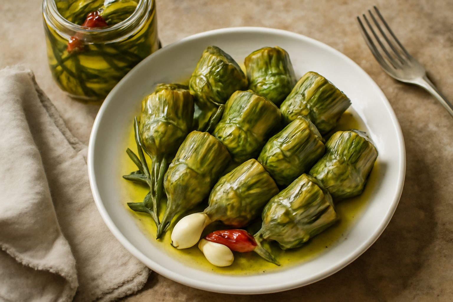 Vasetto di vetro con carciofi conservati in olio, giallo dorato, con spicchi d'aglio e rametti di rosmarino visibili, sfondo bianco