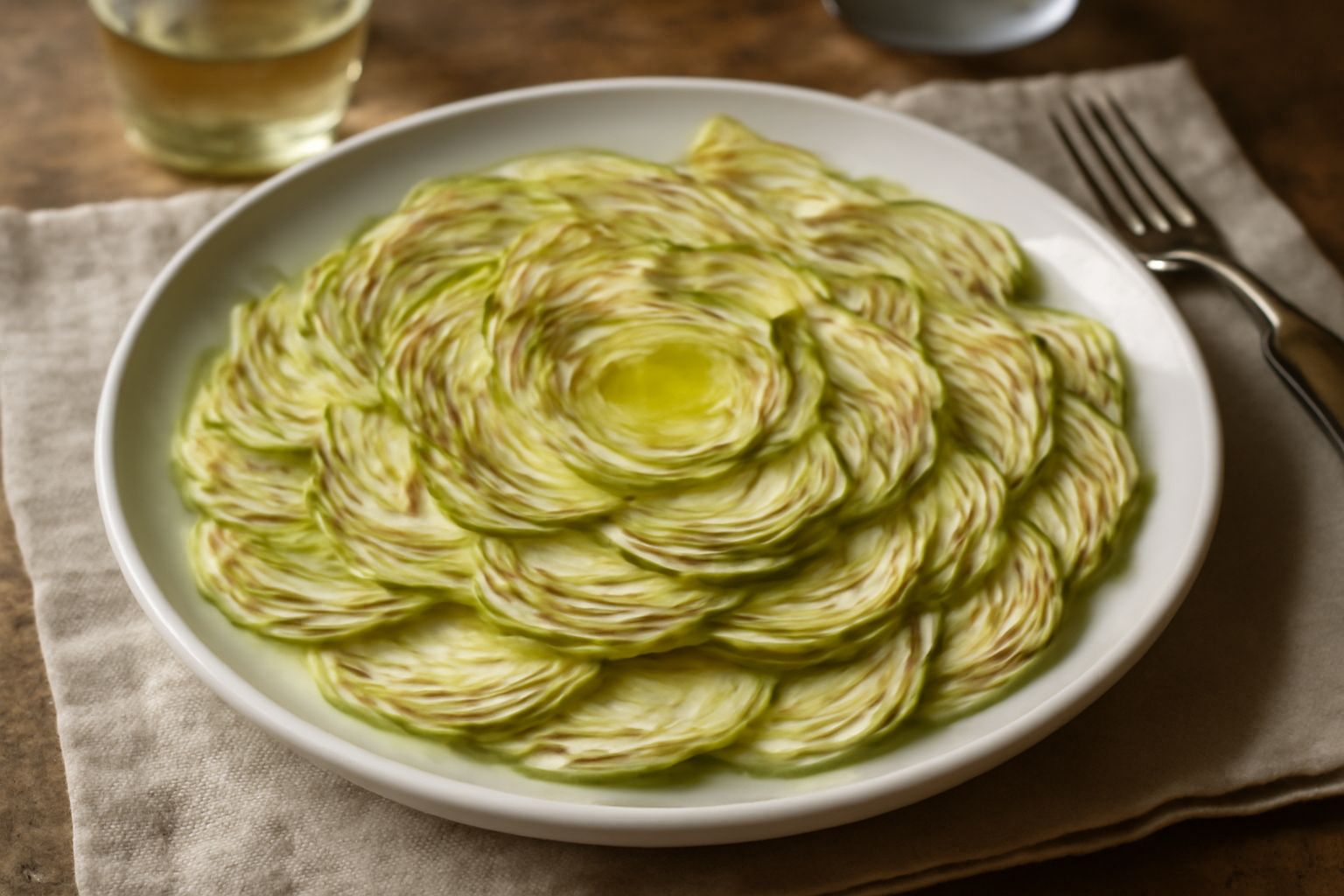 Piatto bianco con carciofi affettati sottili di color verde pallido e bianco, conditi con olio dorato e scaglie di parmigiano, limone fresco a lato