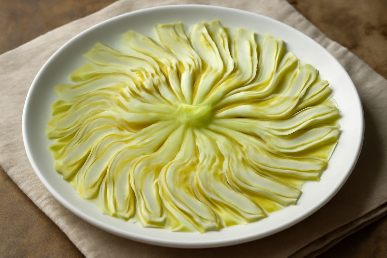 Piatto bianco con fette sottili di carciofo crudo disposte a raggiera, condite con olio d'oliva giallo oro, gocce di limone fresco, scaglie di parmigiano e prezzemolo verde, su tavolo di legno natural