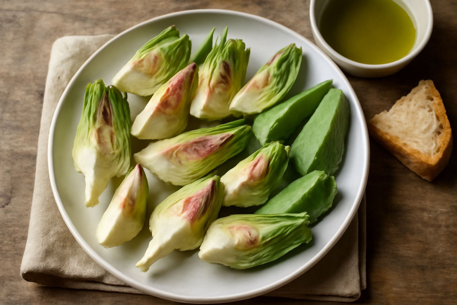 Carciofi tagliati a spicchi disposti su un piatto bianco, bianchi e verdi, umidi di rugiada, con ciotoline di olio d'oliva e succo di limone accanto, pepe nero macinato fresco visibile