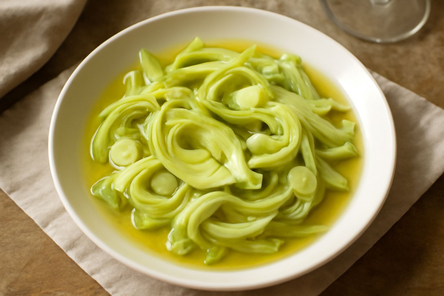 Piatto bianco con carciofi crudi affettati sottili di colore verde pallido, ricoperti di salsa trasparente all'olio con spicchi di aglio visibili e gocce di limone, contorno di prezzemolo fresco