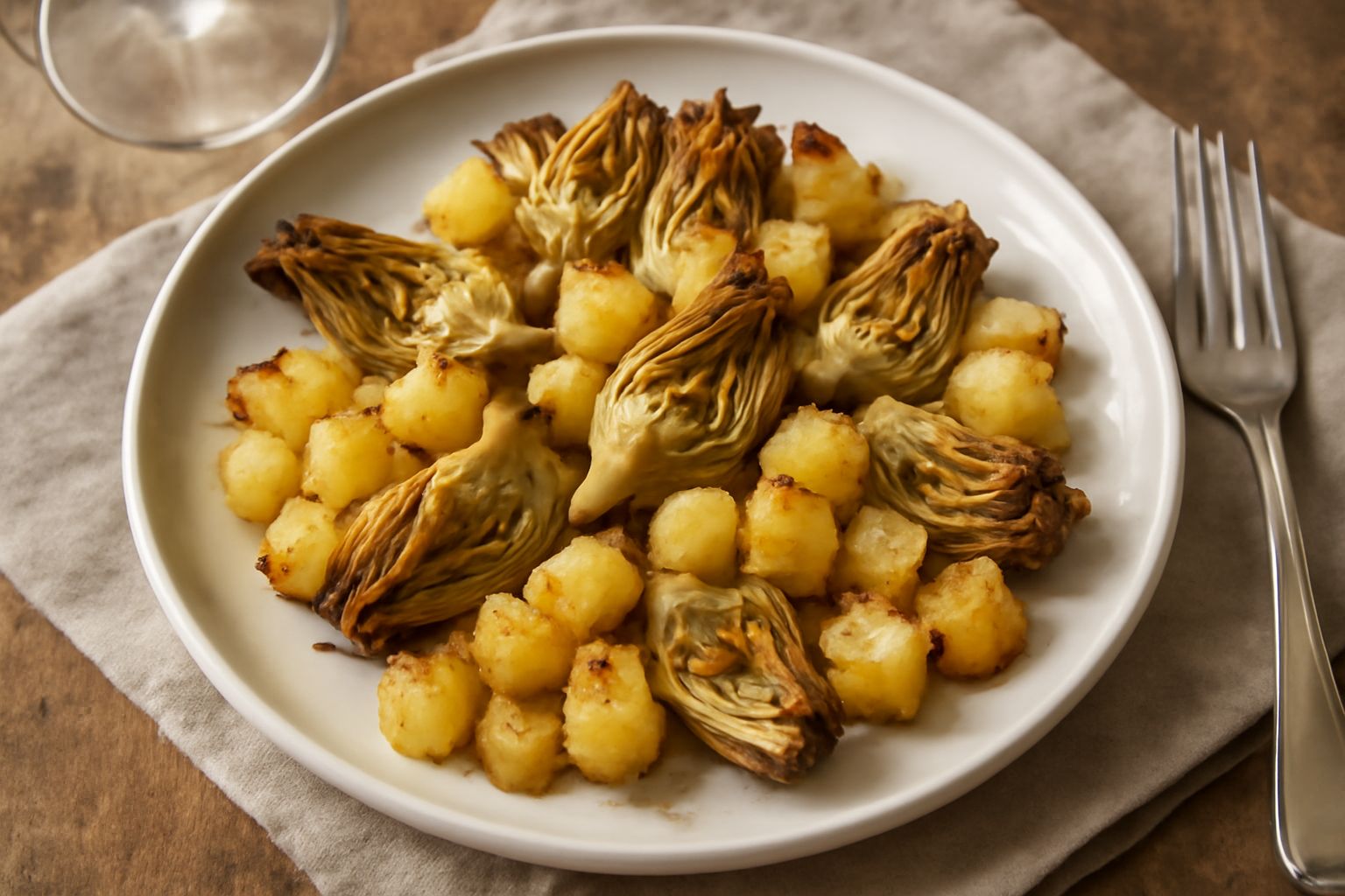 Carciofi tagliati a spicchi dorati e croccanti insieme a cubetti di patata giallognola al forno su piatto bianco, cosparsi di prezzemolo fresco e fettine sottili di limone