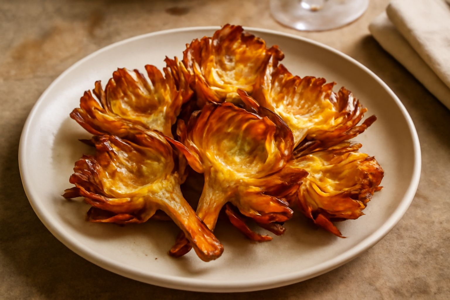 Piatto di carciofi fritti dorati e croccanti, disposti in cerchio su un fondo bianco, guarniti con un ciuffo di prezzemolo fresco e limone tagliato a spicchi, olio luccicante sulla superficie