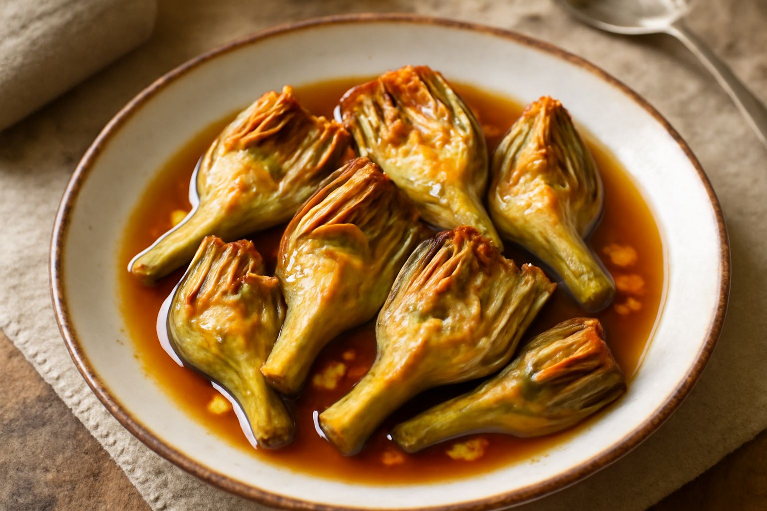 Carciofi tagliati a pezzi in una ciotola di ceramica bianca, ricoperti di un liquido trasparente e dorato, con scaglie di peperoncino rosso e foglie di prezzemolo fresco, su fondo di lino beige