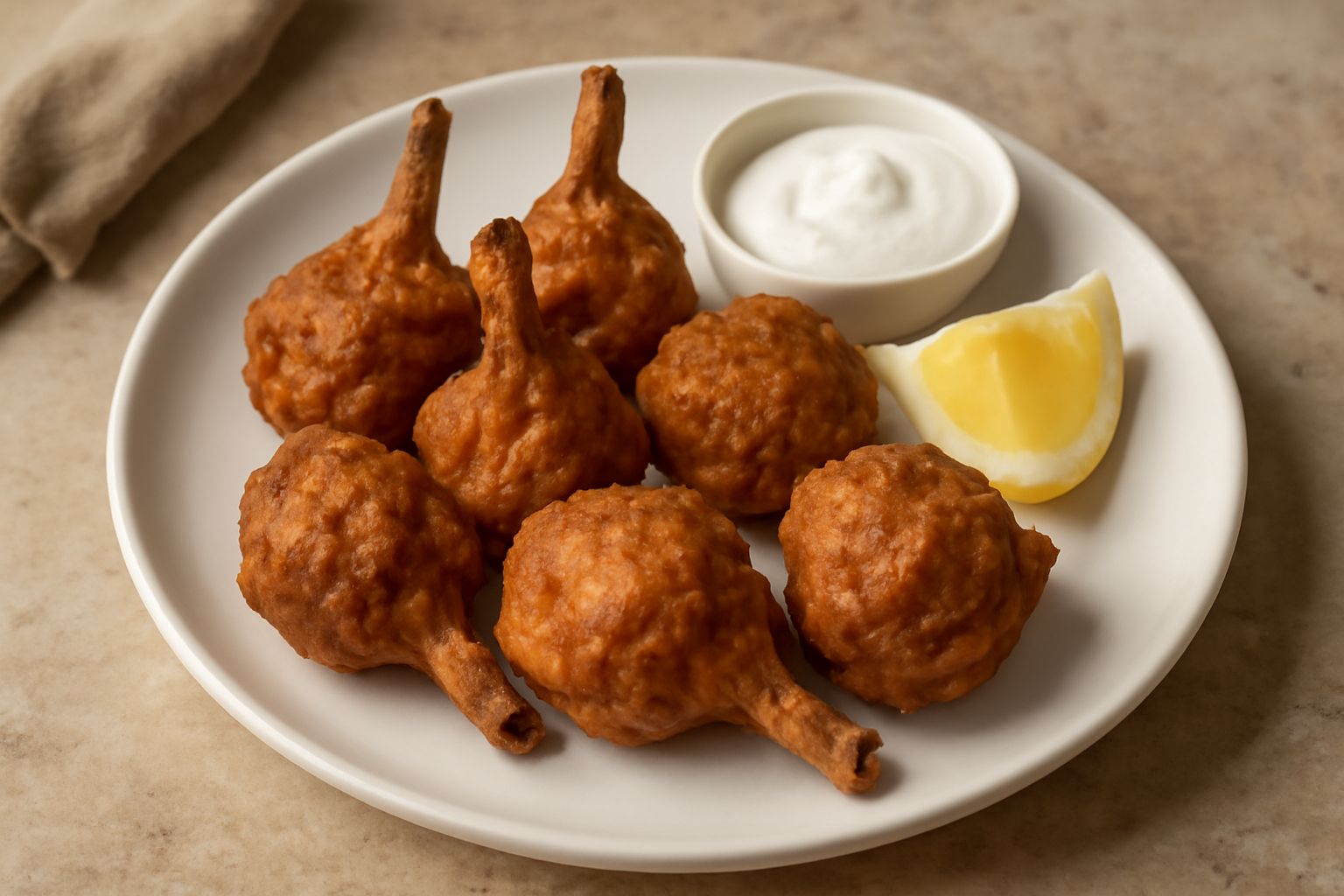 Carciofi fritti in pastella dorati e croccanti disposti su un piatto bianco con limone fresco tagliato a spicchi e una salsa bianca di accompagnamento