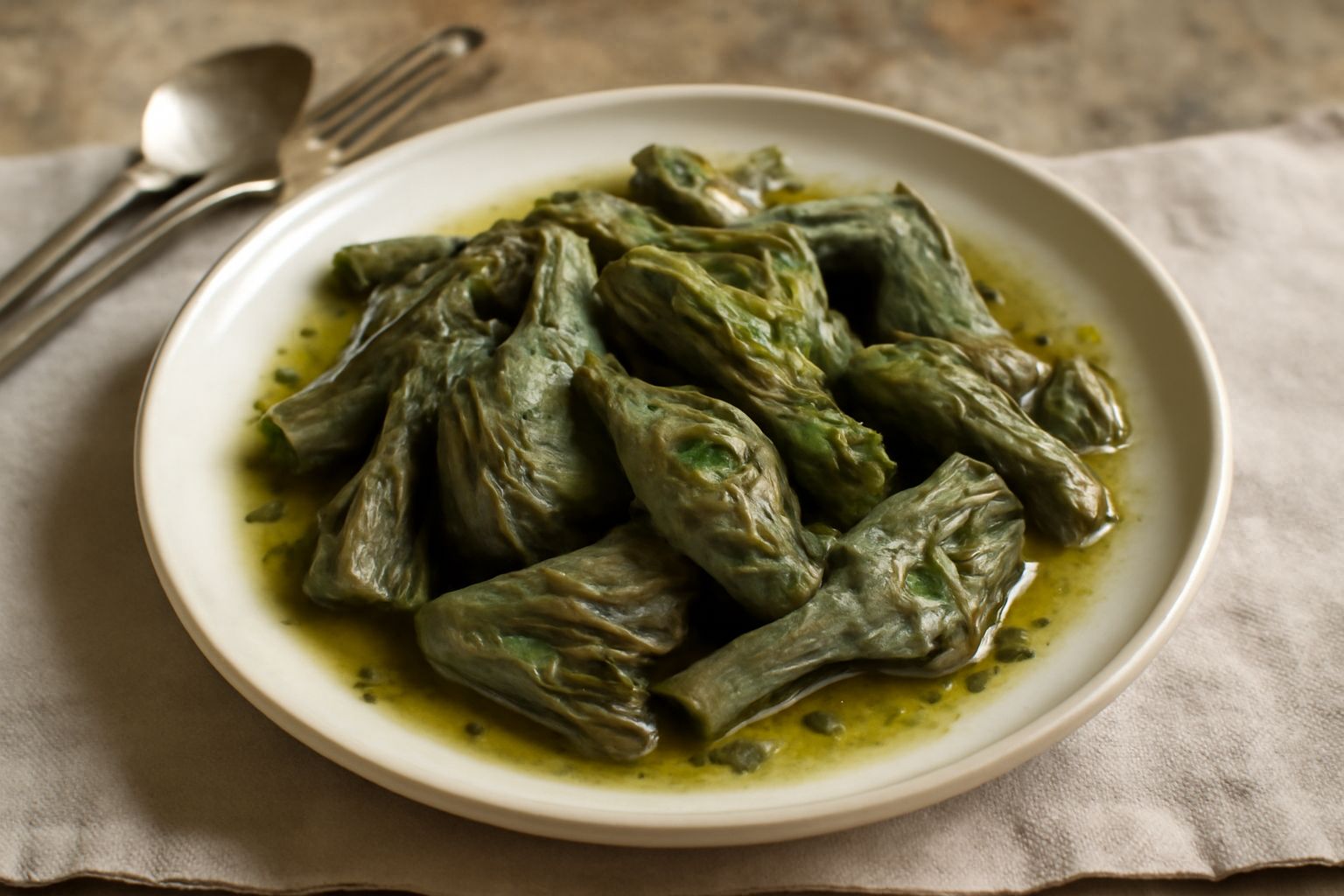 Carciofi interi color verde scuro, tagliati a spicchi, ammorbiditi in umido, immersi in olio trasparente con aglio e prezzemolo fresco, in un tegame bianco rotondo, serviti caldi