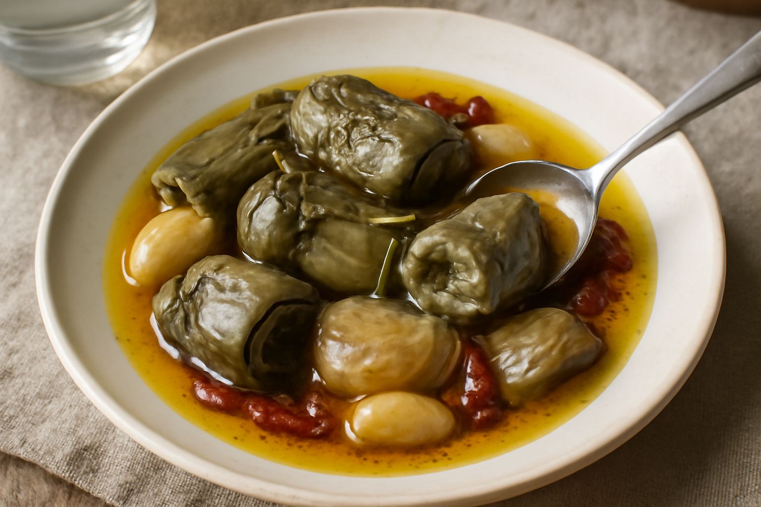 Barattolo di vetro con carciofi in umido color verde scuro e grigio, immersi in olio trasparente con spicchi d'aglio visibili, su un piano di legno chiaro, con accanto un carciofo intero fresco