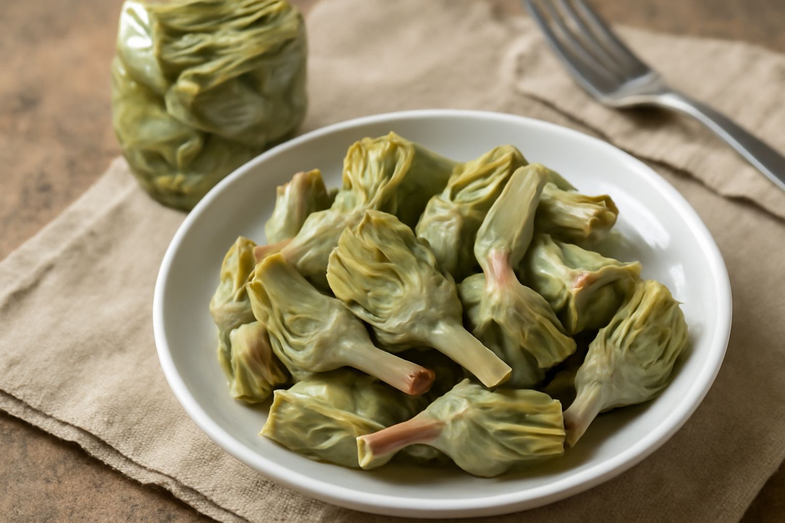 Carciofi marinati in vaso di vetro, di colore verde pallido con spicchi d'aglio e bacche di pepe visibili, aceto trasparente con riflessi, impiattati in una ciotola di ceramica bianca con una fetta di