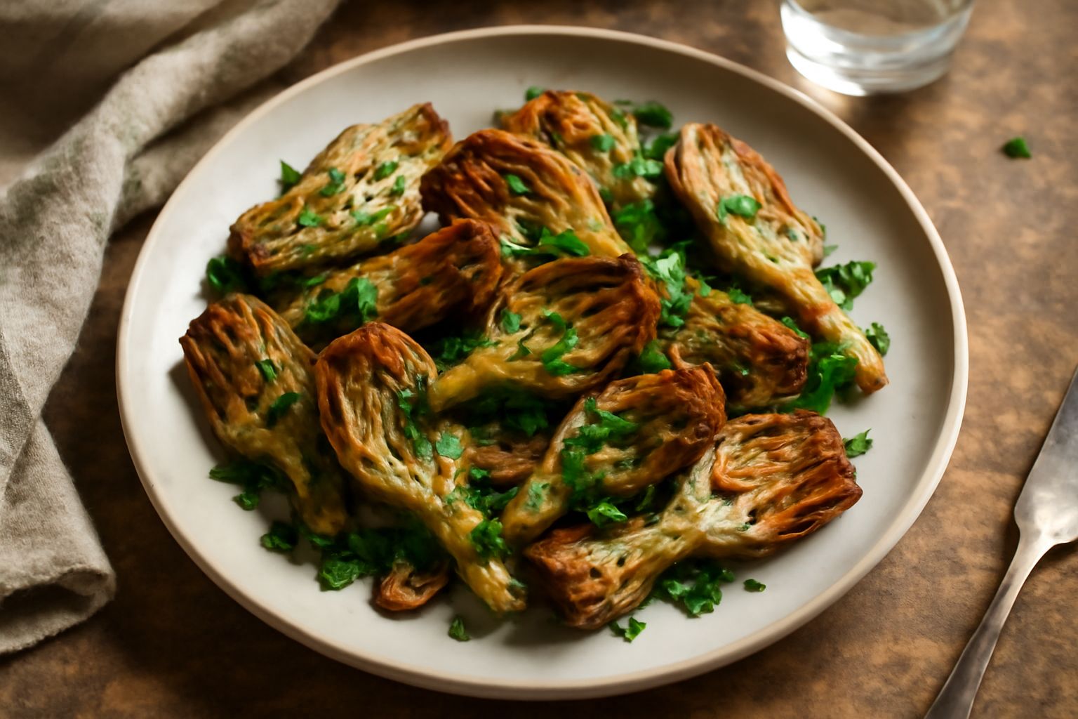 Carciofi ripassati dati al tegame, dorati e croccanti ai bordi, con spicchi d'aglio e prezzemolo fresco, serviti in un piatto di ceramica bianca