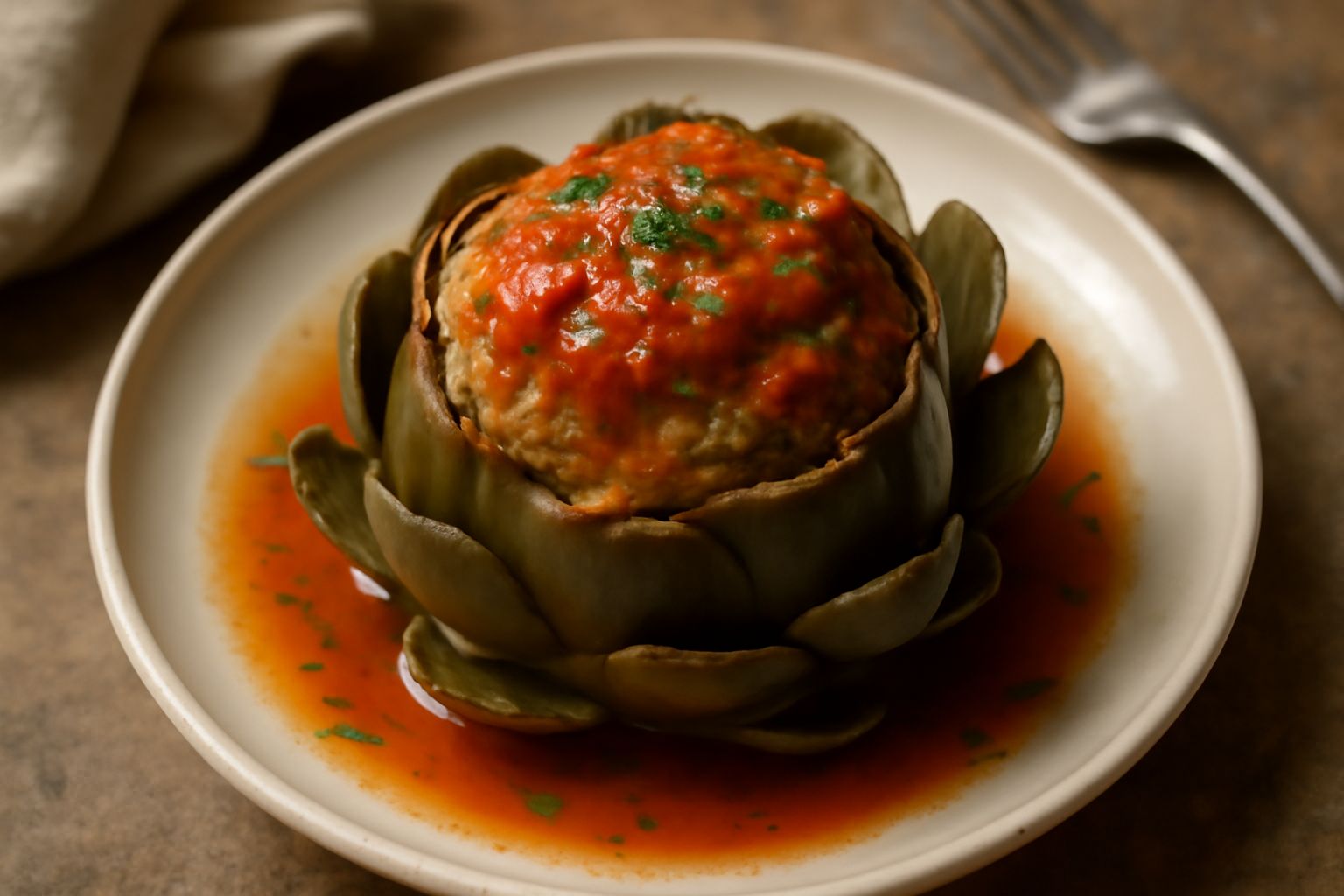 Quattro carciofi interi ripieni di carne macinata e prezzemolo, cotti in umido, posti in una teglia terracotta con salsa di pomodoro e brodo, visti dall'alto con prezzemolo fresco