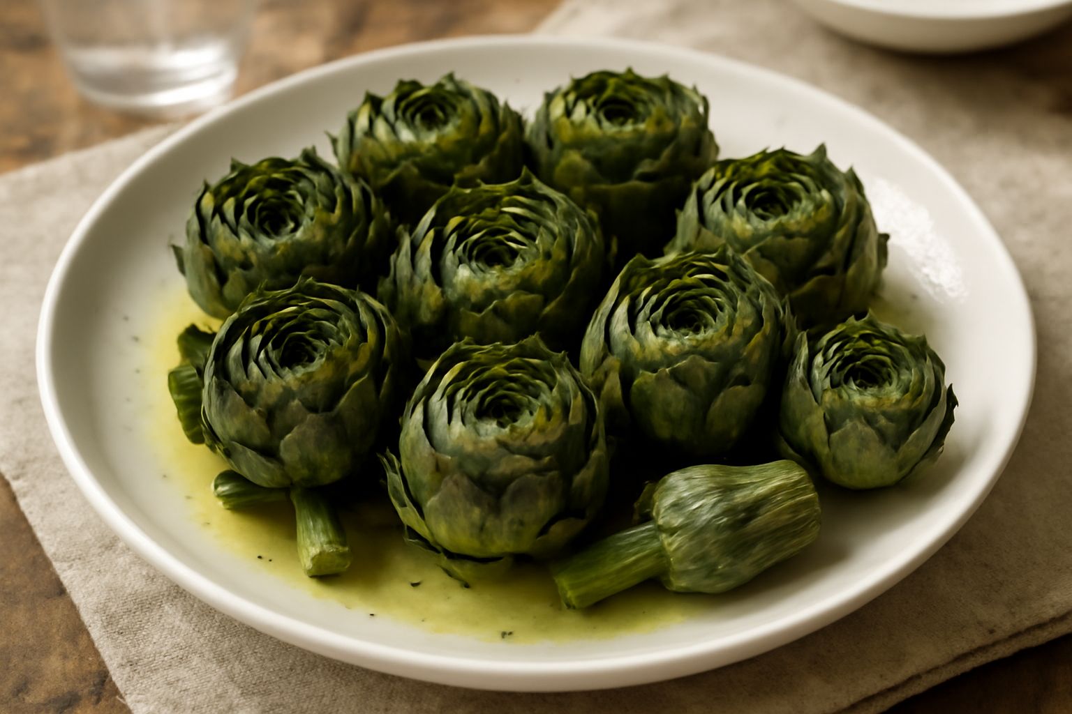 Carciofi selvatici lessati disposti in un piatto bianco, di colore verde intenso con punte leggermente aperte, accanto a fettine di limone e un cucchiaio di legno, conditi con gocce di olio extravergi