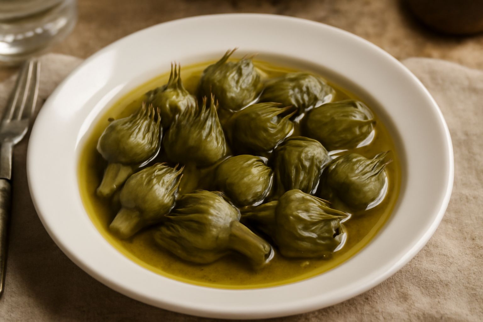 Vasetto di vetro con carciofi selvatici verdi e compatti immersi in olio dorato, chiuso con coperchio metallico, su fondo bianco neutro.